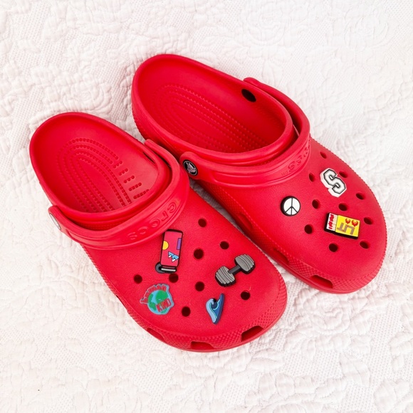 CROCS Shoes - Red Crocs with Charms Size Women's 9 Men's 7